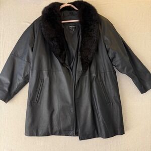 Vintage Pelle NY Milano Black Leather Coat Fur Collar Women's L